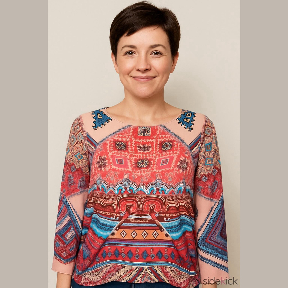 Figueroa & Flower Boho Peasant Top M Red Tribal Print Festival Blouse Western Ch